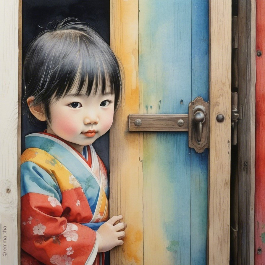 Child in Colorful Kimono by Wooden Door with Curiosity