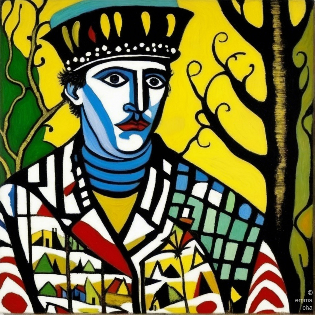 Stylized Portrait of a Man with Bold Colors and Patterns