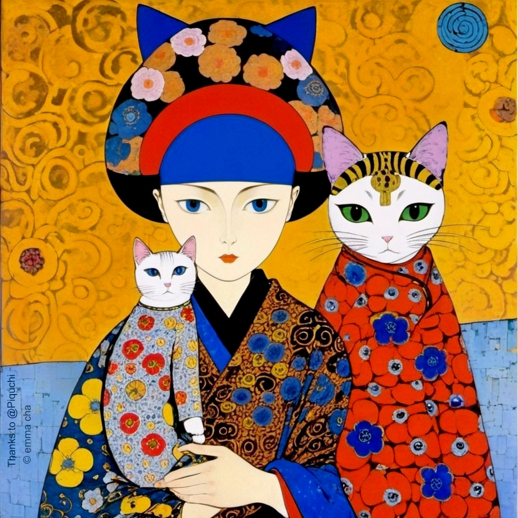 Serene Figure in Floral Kimono with Stylized Cats