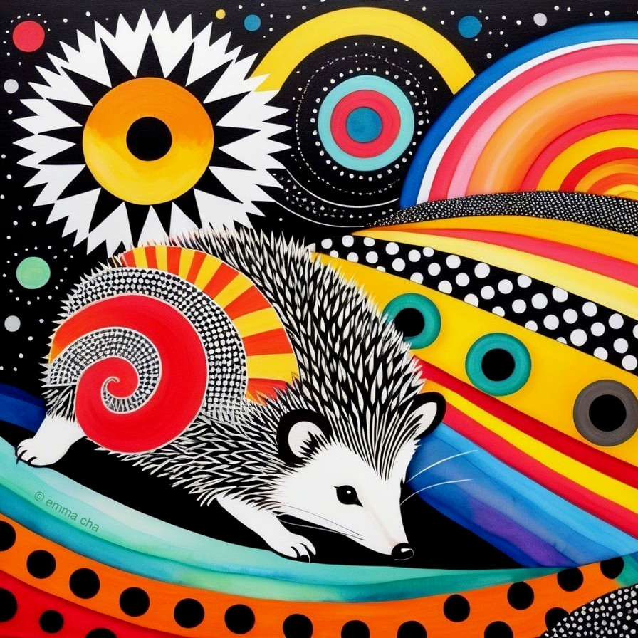 Stylized hedgehog in colorful abstract landscape art
