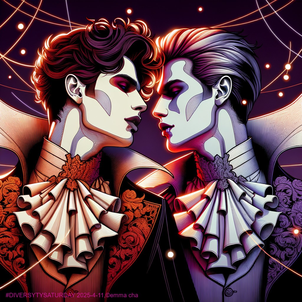 Stylized Figures in Ornate Outfits with Cosmic Background