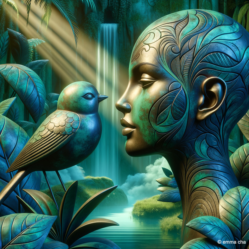 Stylized Female Face with Turquoise and Leaf Patterns