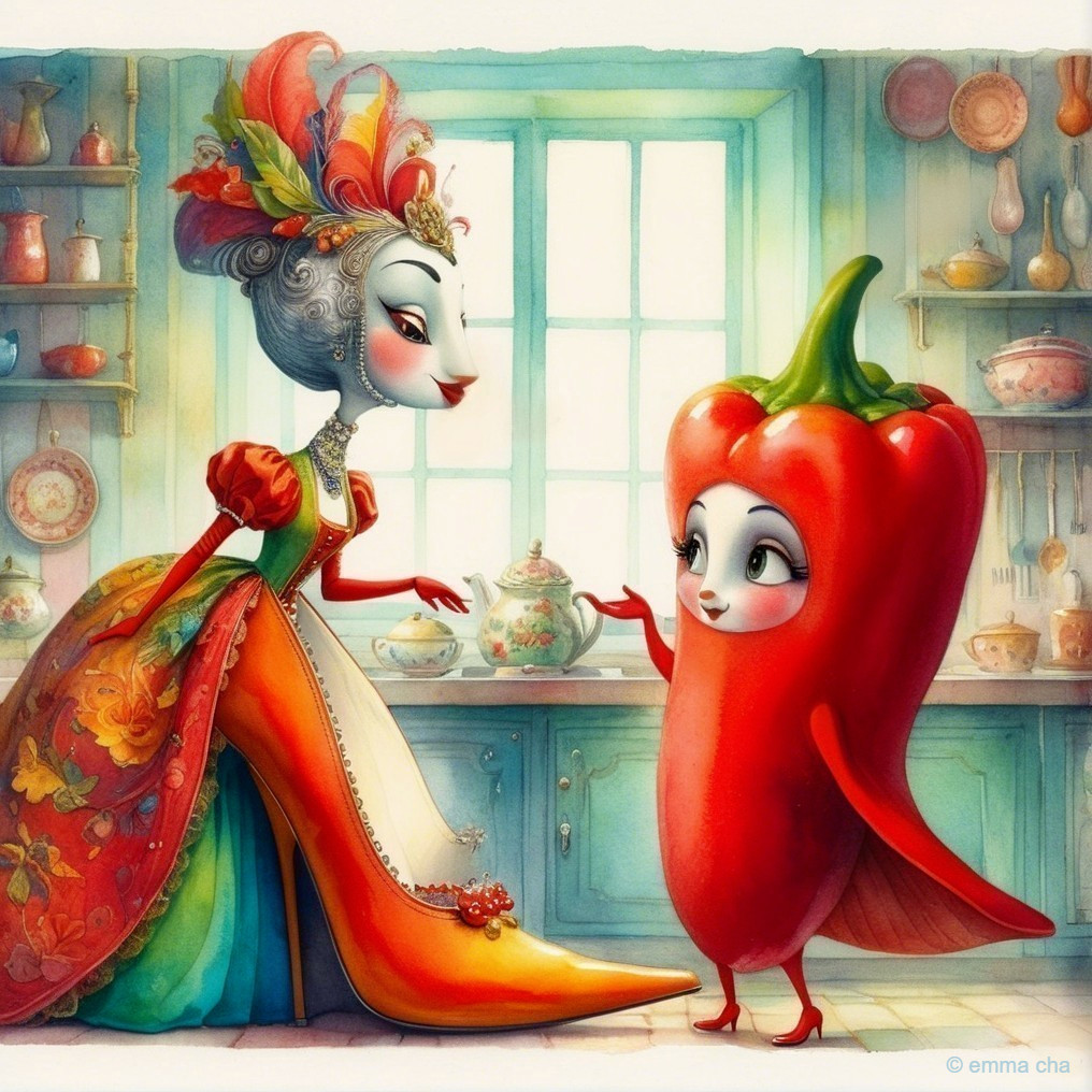 Whimsical Kitchen Scene with Stylish Woman and Pepper