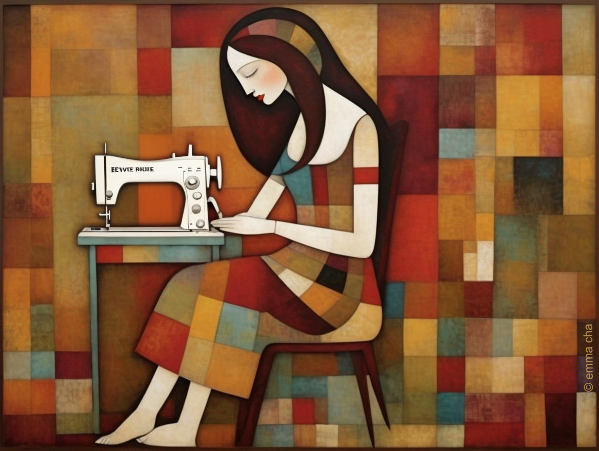 Stylized Woman Sewing Against a Colorful Mosaic Background