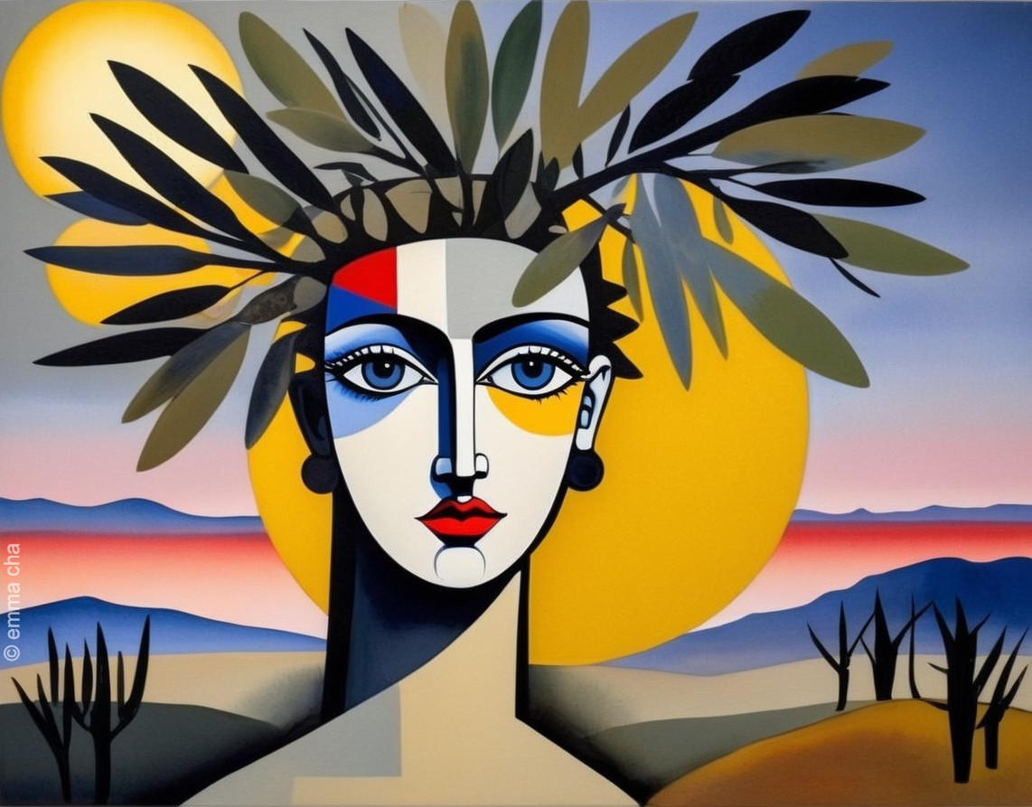 Stylized Female Figure with Abstract Face and Landscape