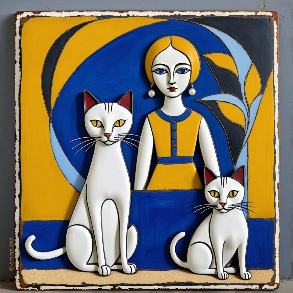 Stylized Woman with Cats in Blue and Gold Background