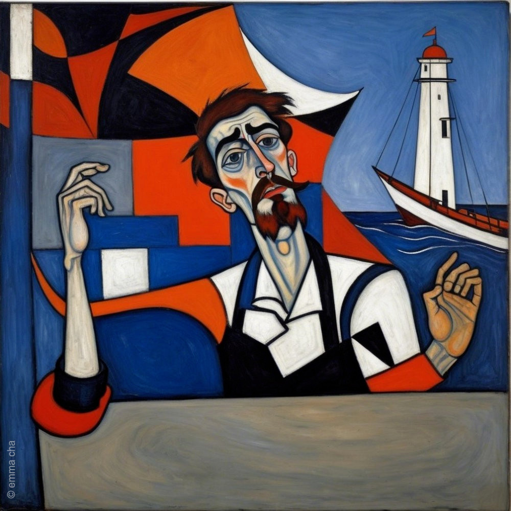Stylized Male Figure in Maritime-Themed Artwork