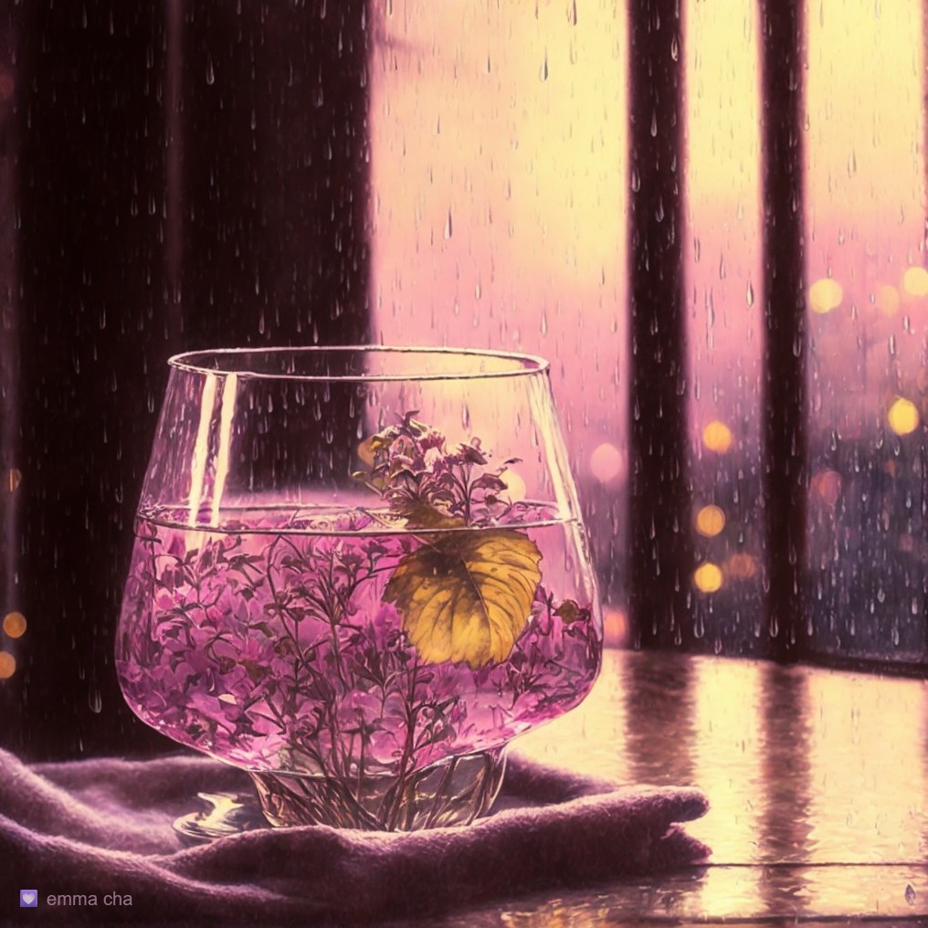 Vibrant Purple Flowers in Glass with Yellow Leaf