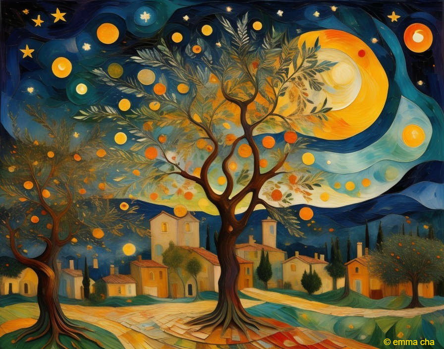 Vibrant Night Scene with Moons, Stars, and Trees