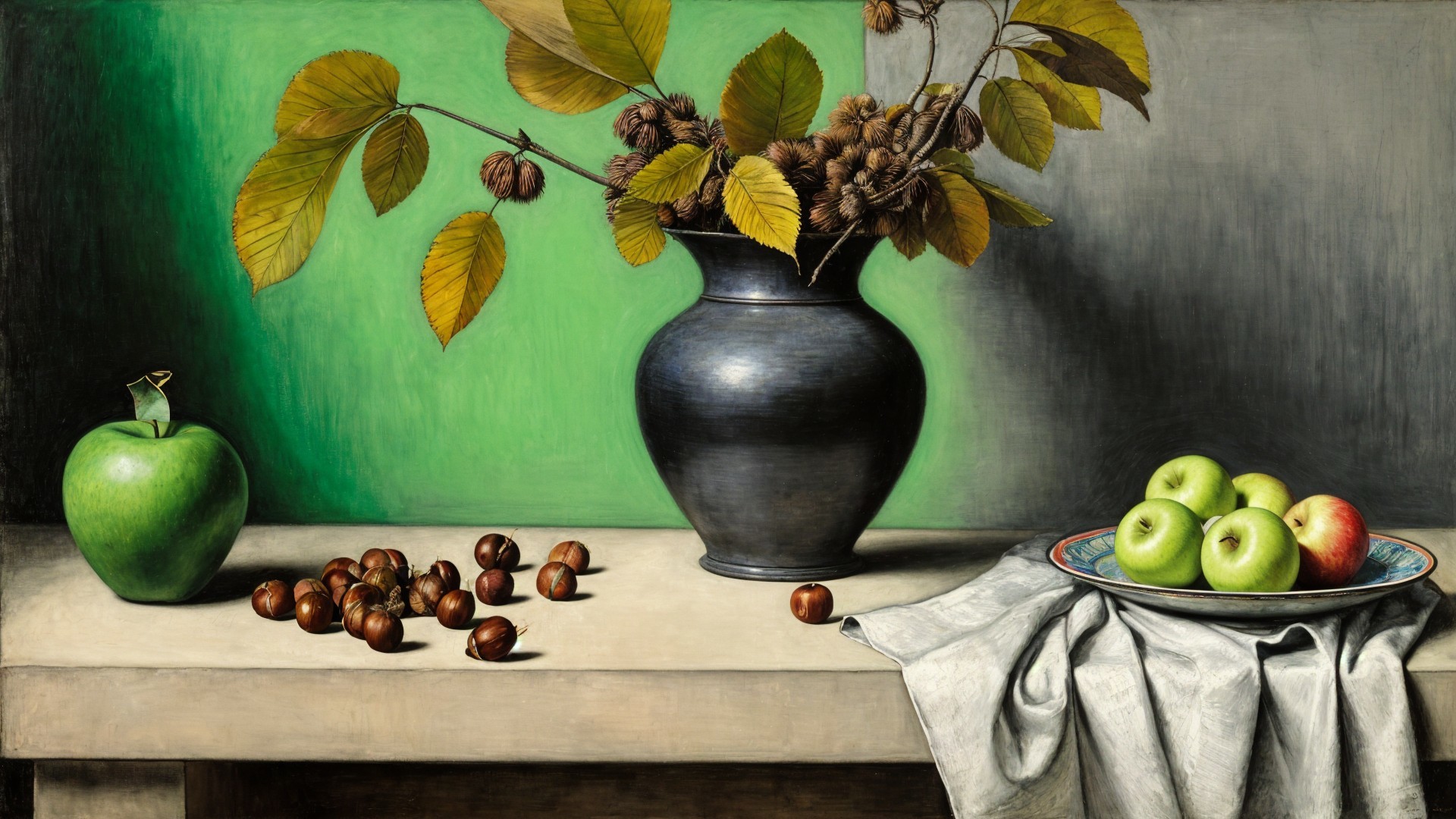 Still Life with Green Apples and Chestnuts on Table