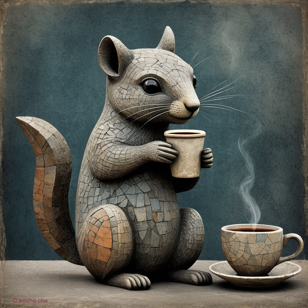 Textured Squirrel Sculpture with Coffee Cup Display