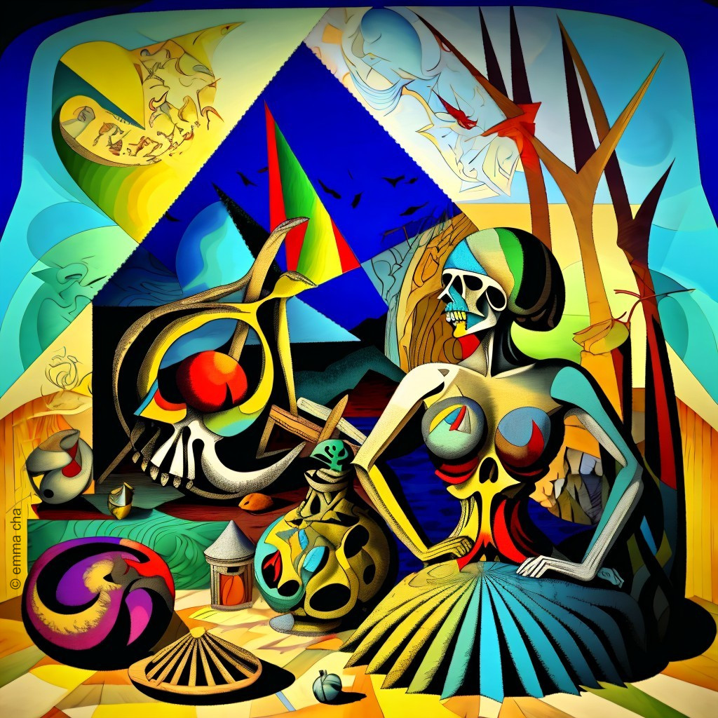 Surrealistic Skeleton in Colorful Dress with Abstract Shapes