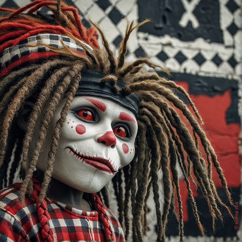 Whimsical Doll with Exaggerated Features and Mural Background