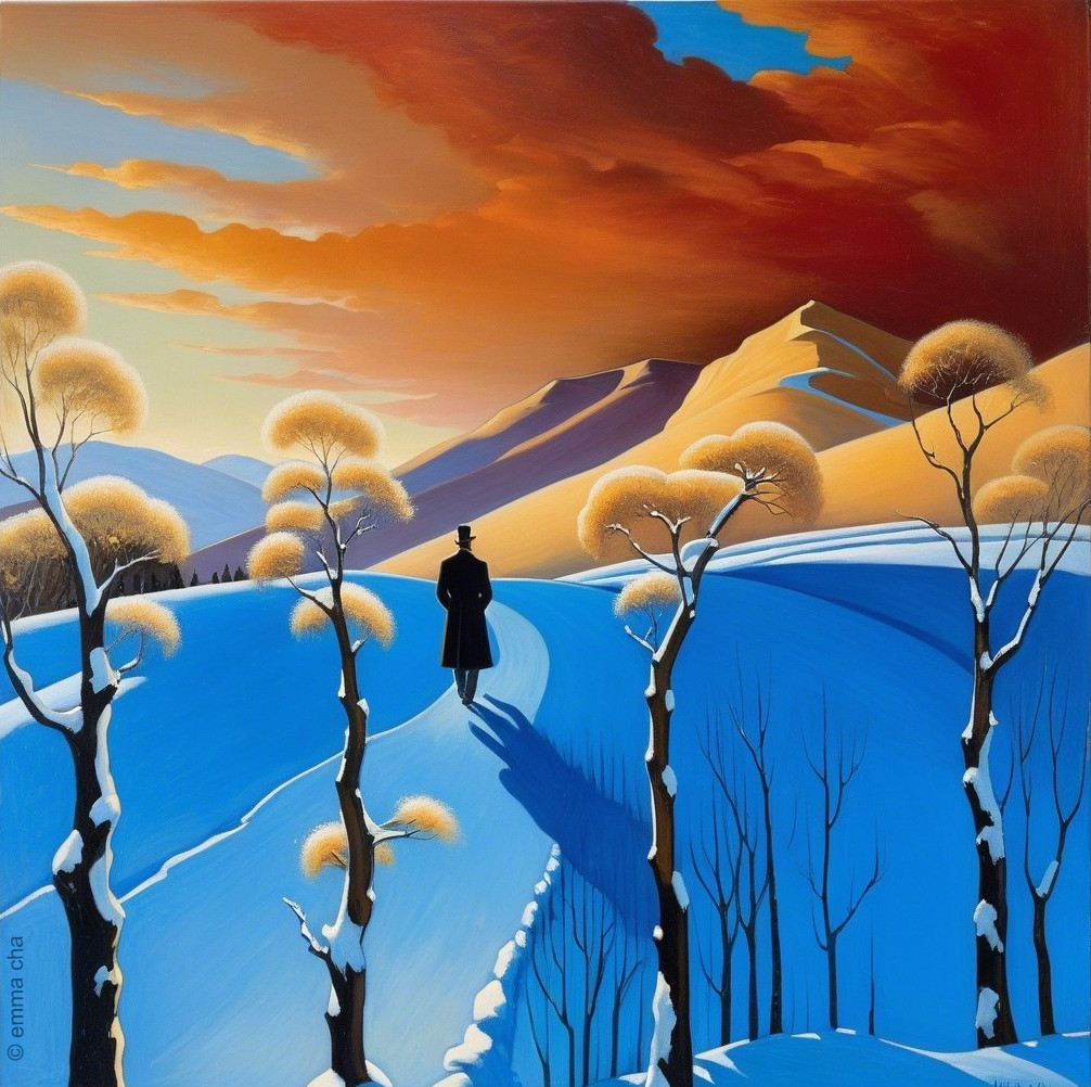 Solitary Figure on Snowy Path with Vibrant Landscape
