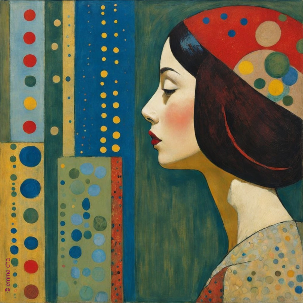 Stylized profile of a woman with geometric background