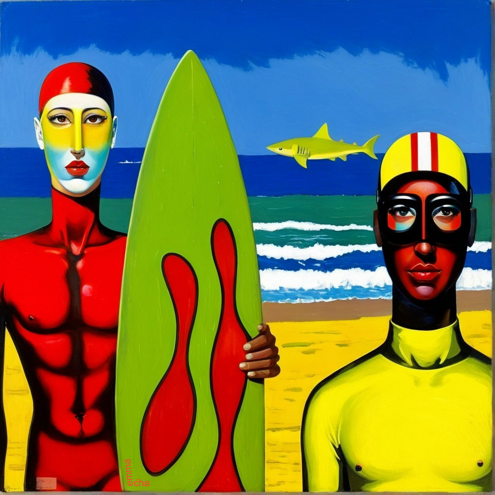 Stylized Figures on a Vibrant Beach with Surfboard