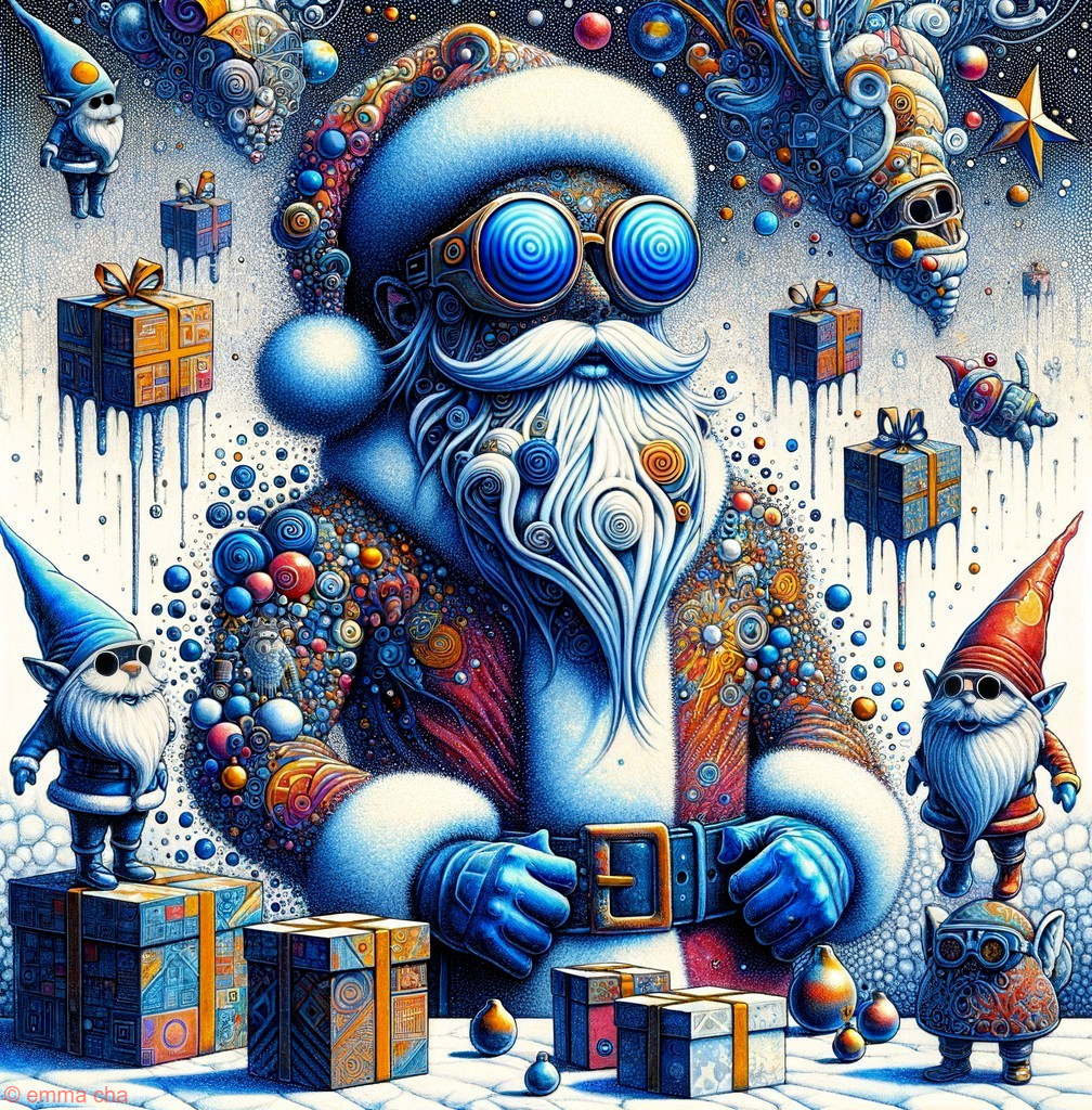 Colorful Santa with Gnomes and Abstract Background