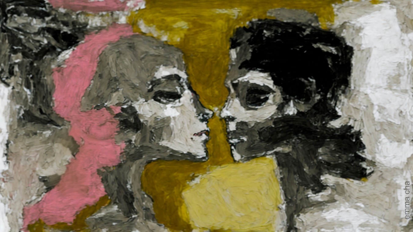 Stylized Embrace of Two Figures with Bold Colors