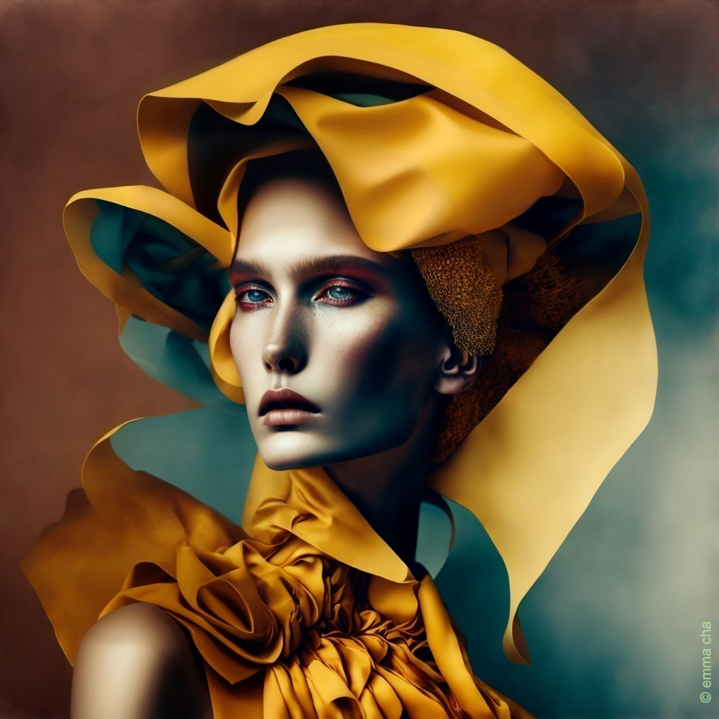 Model in Oversized Yellow Hat with Bold Makeup