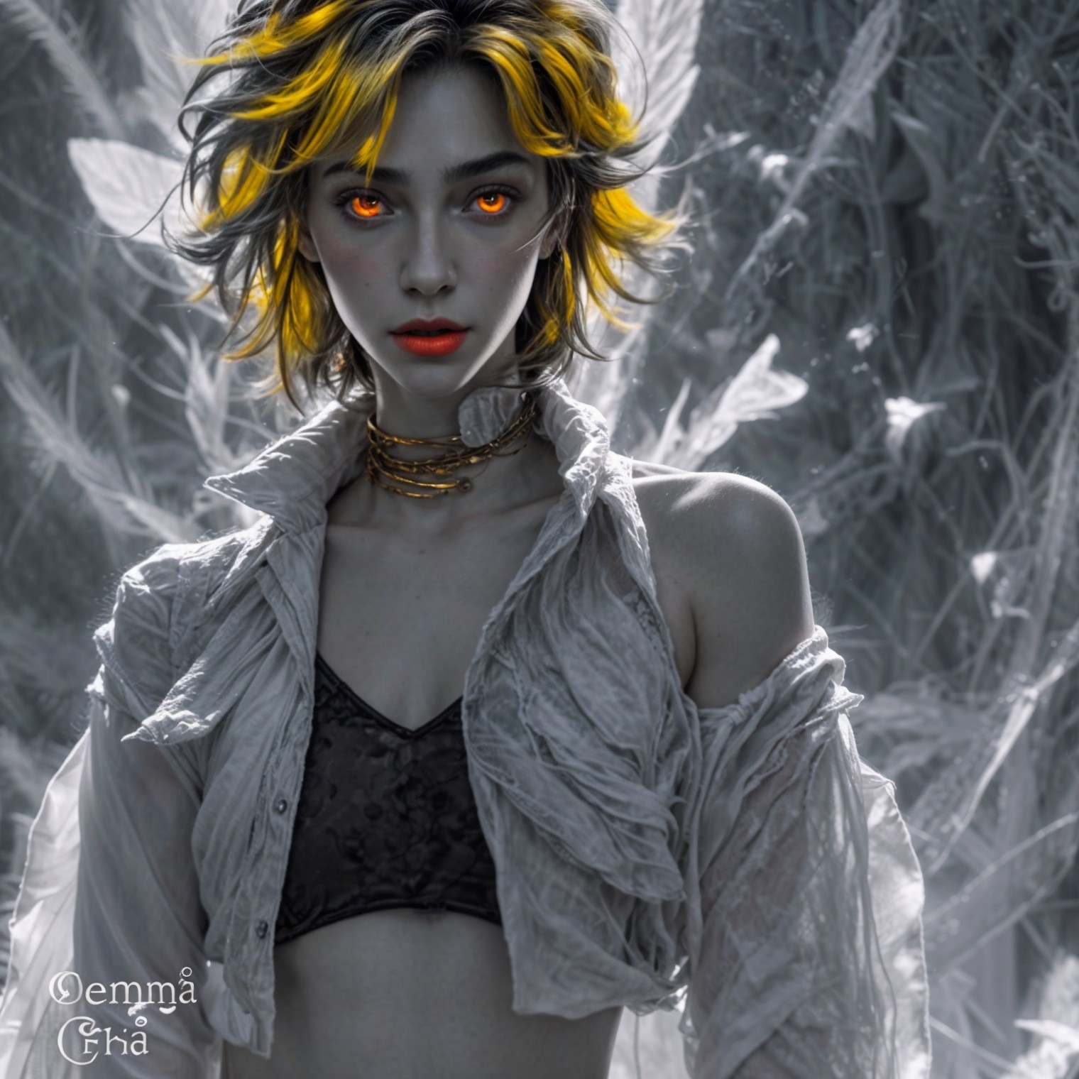 Model with Yellow Hair and Orange Eyes in Sheer Top