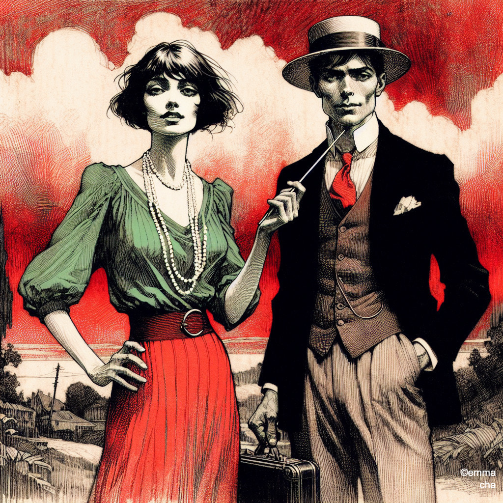 Vintage Couple Against Dramatic Red Sky