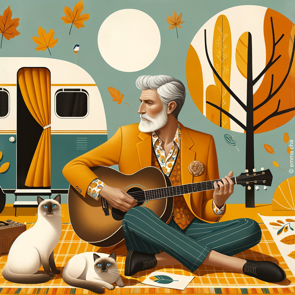 Older man playing guitar with cats in autumn setting