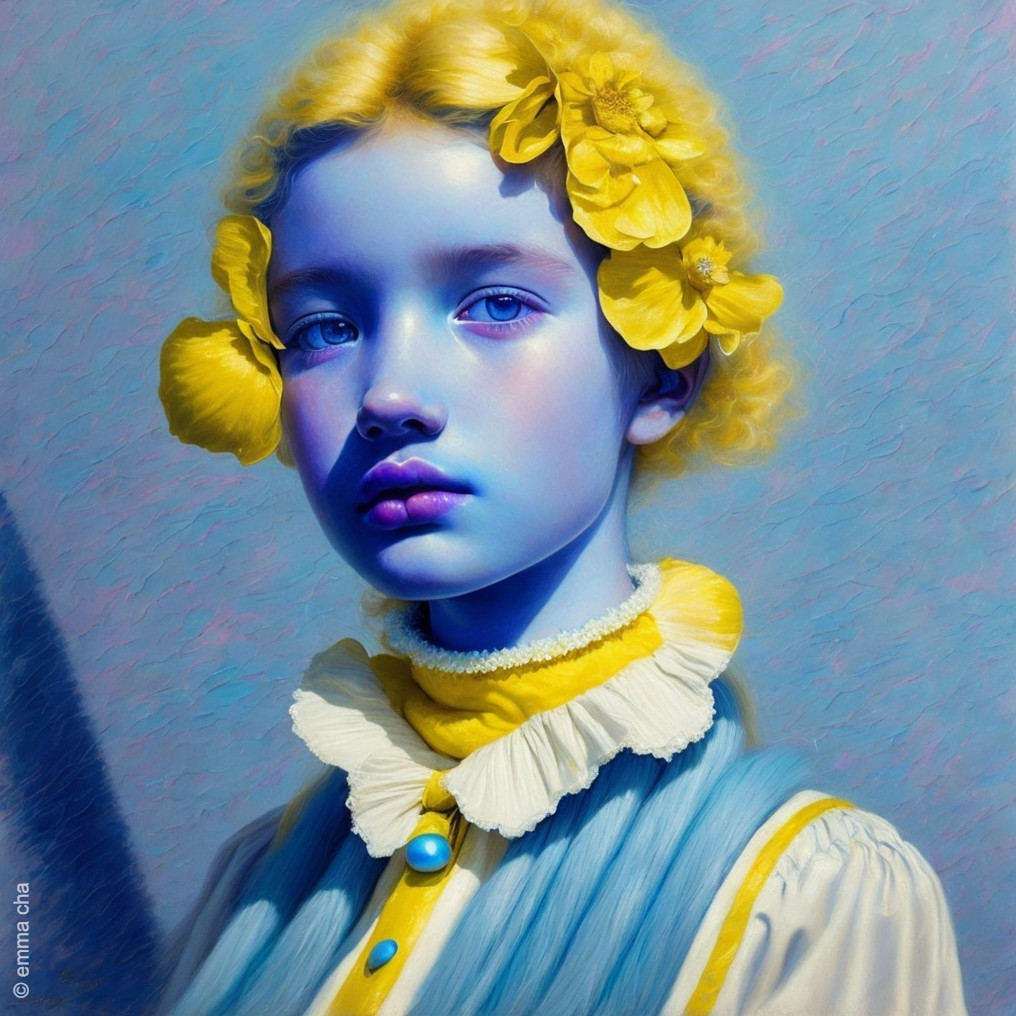 Whimsical Portrait of a Girl with Blue Skin and Flowers