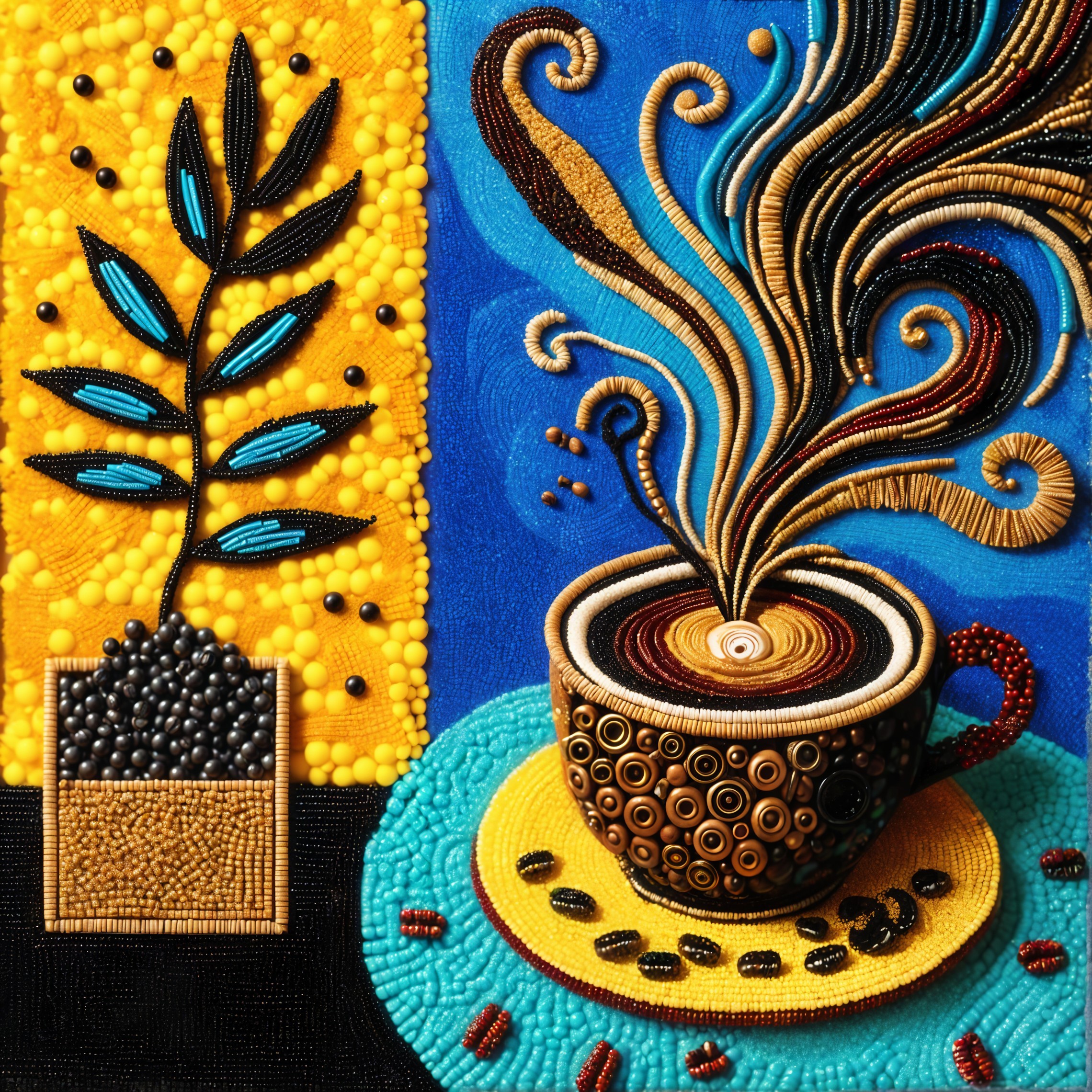 Intricate Beaded Coffee Cup Design on Colorful Background