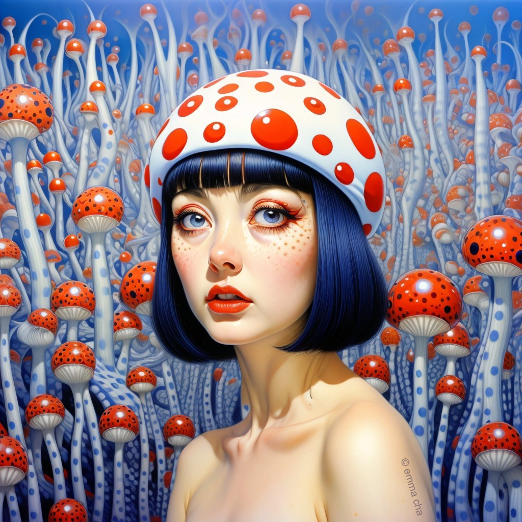 Surreal Portrait of a Woman with Blue Hair and Mushrooms