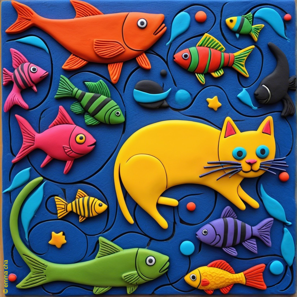 Vibrant Artwork of Yellow Cat with Colorful Fish
