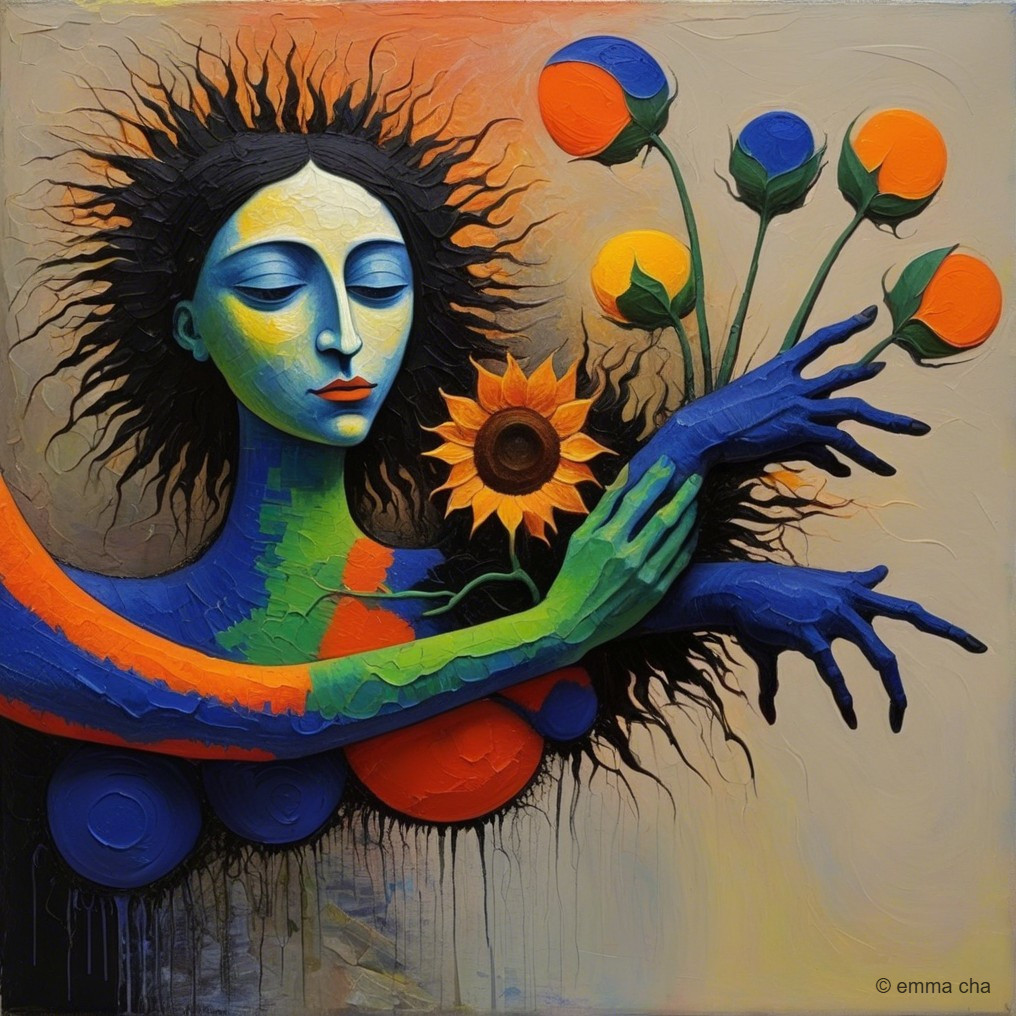 Stylized Figure with Sunflower and Colorful Blossoms