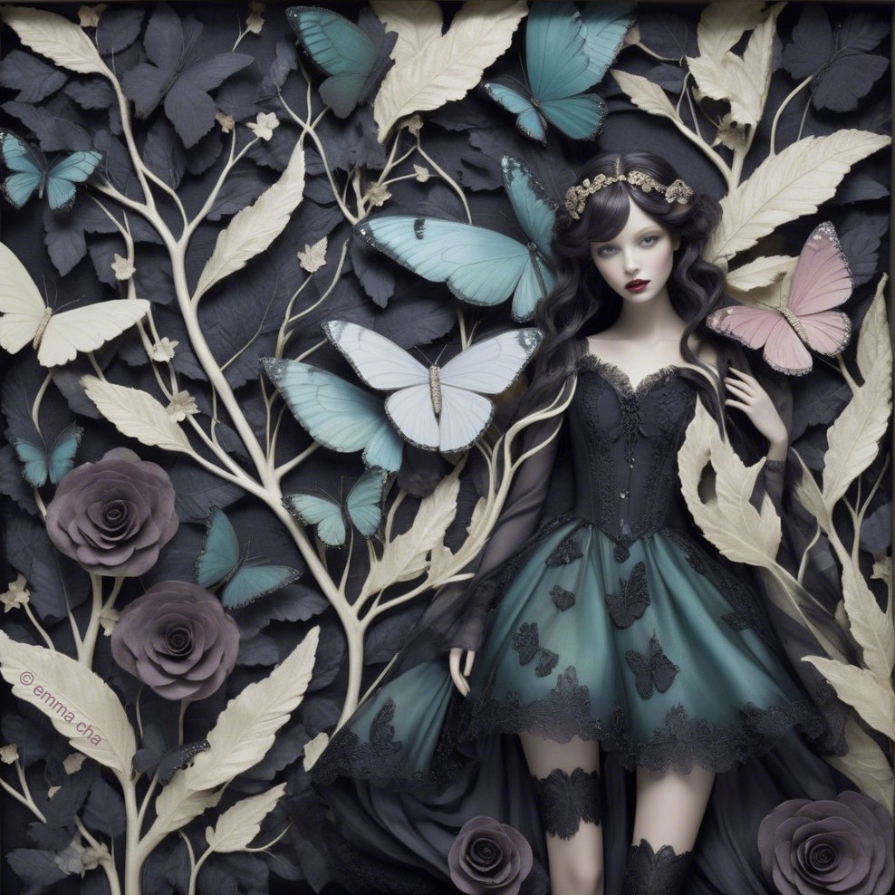 Elegant Woman in Black and Teal Dress with Butterflies