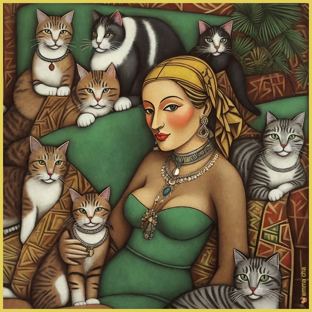 Woman in Green Dress Surrounded by Seven Cats