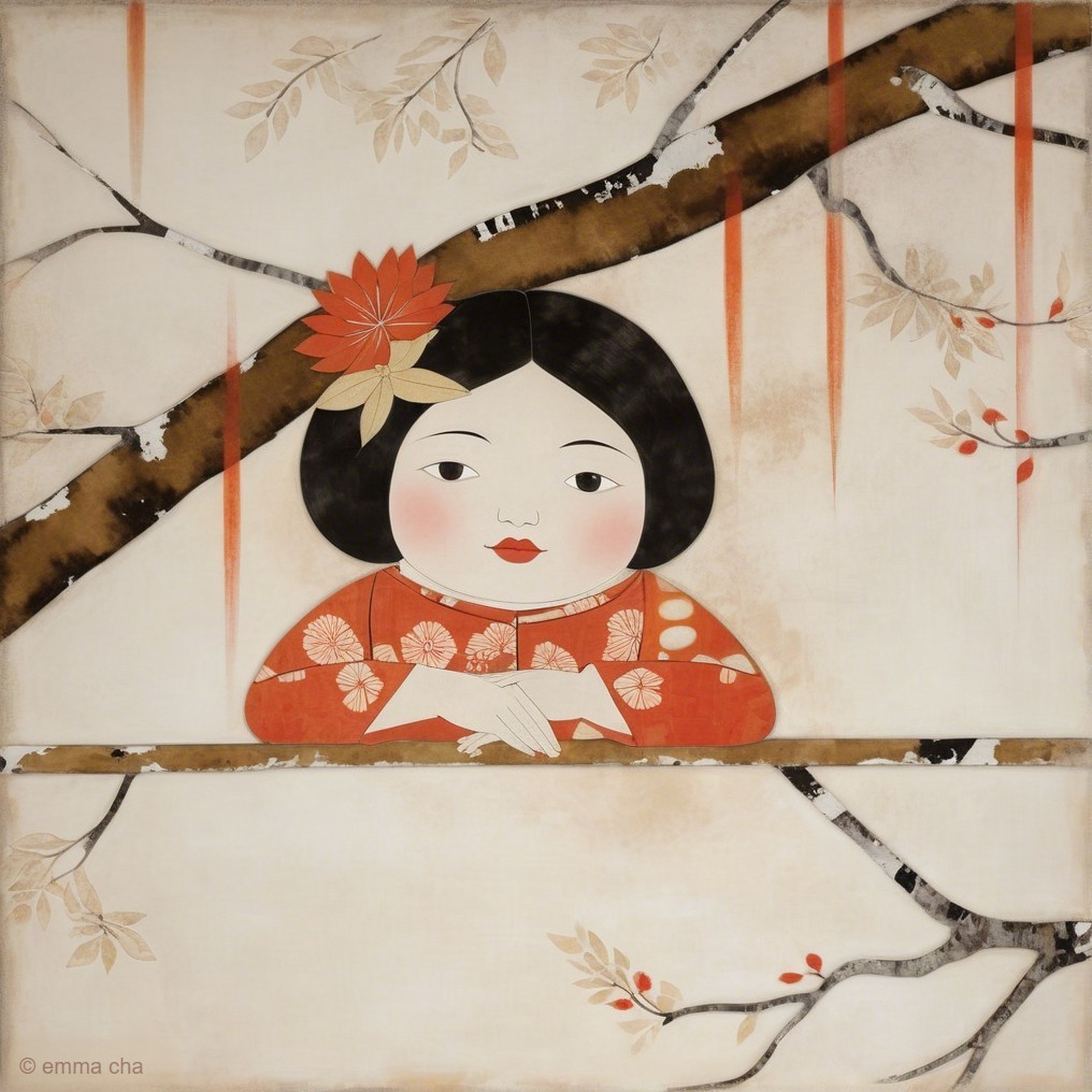 Serene Girl in Red Kimono Behind Leafy Branch