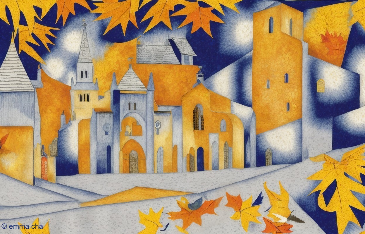 Vibrant Village Landscape with Autumn Leaves and Sky