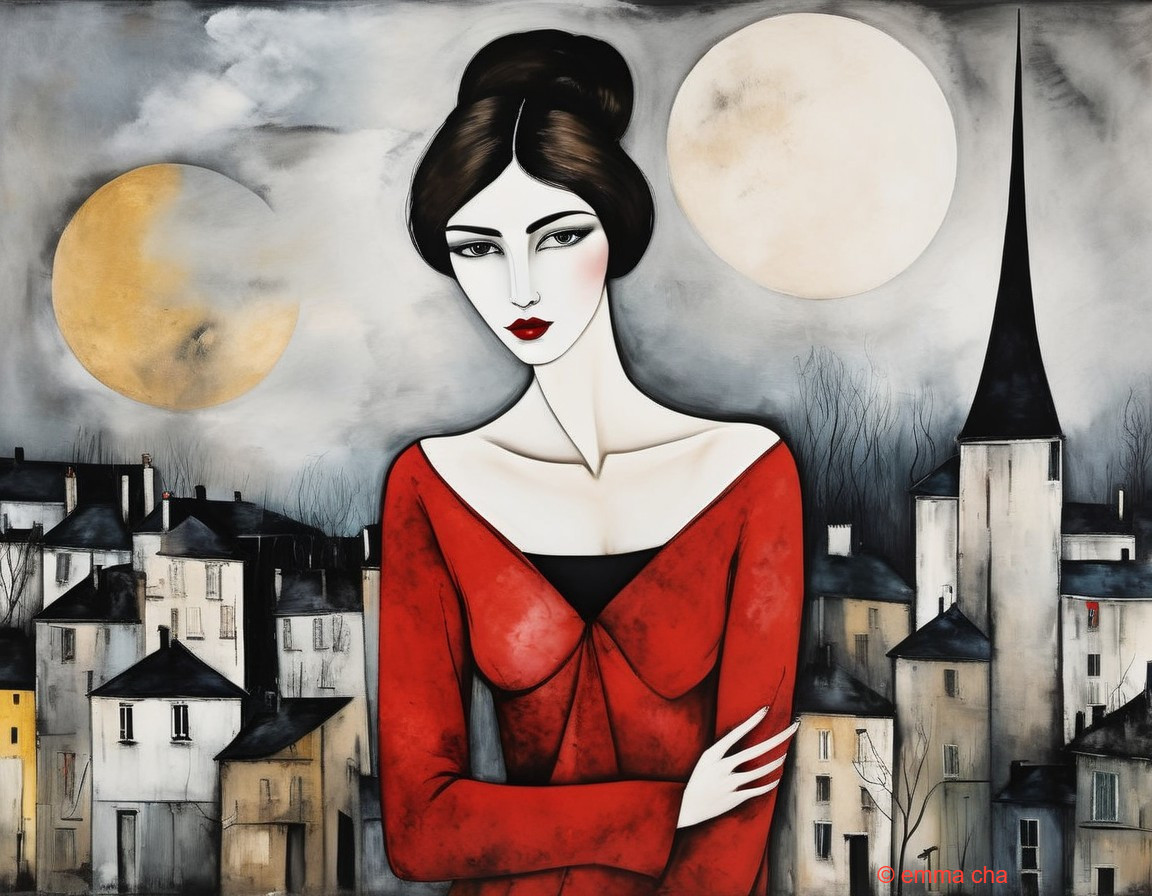 Artistic portrayal of a woman in a red dress