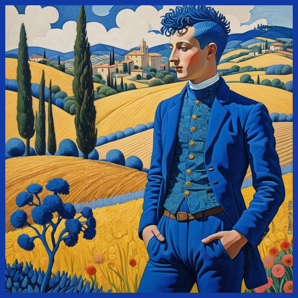 Young man in blue suit against vibrant landscape