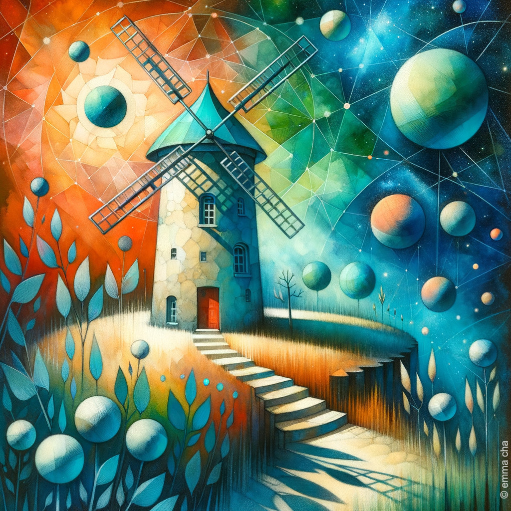 Whimsical Landscape with Colorful Windmill and Cosmos