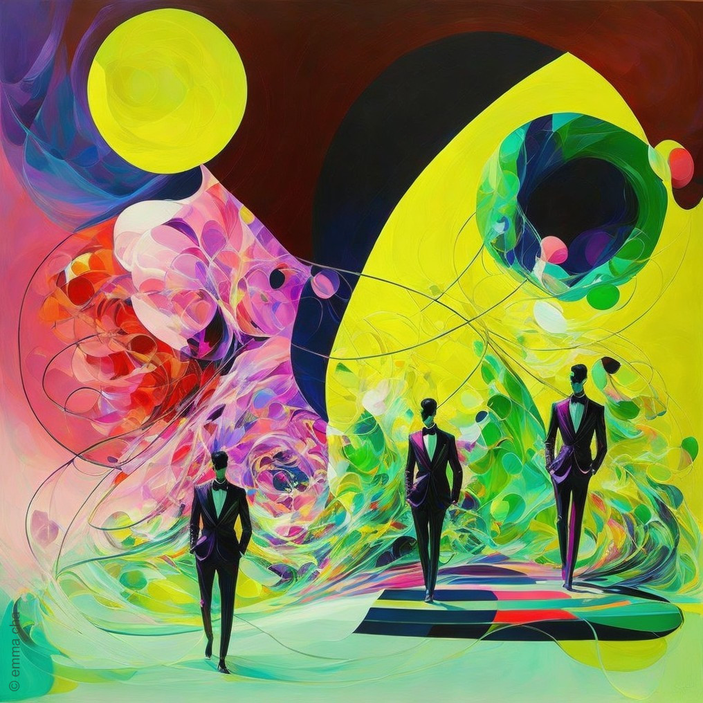 Vibrant Abstract Landscape with Silhouetted Figures