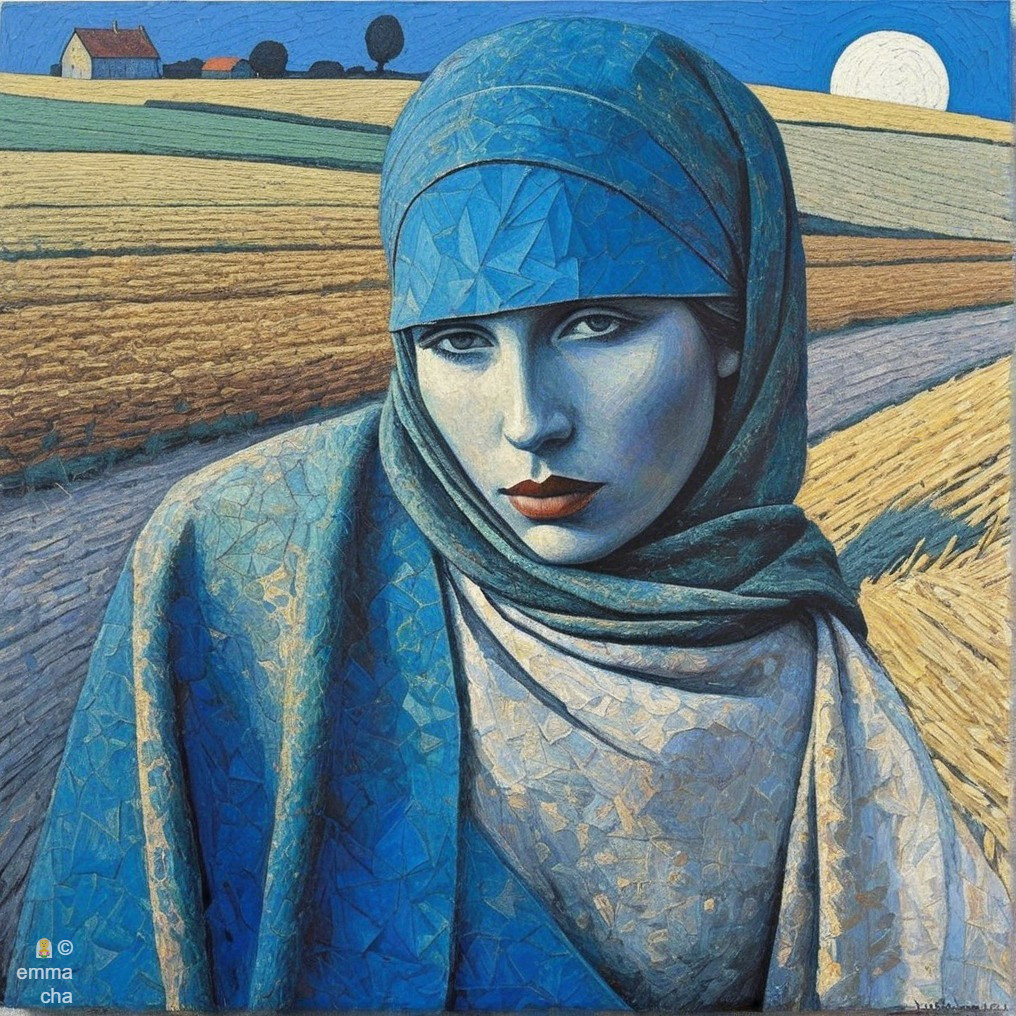 Woman in Blue Headscarf Against Moonlit Landscape