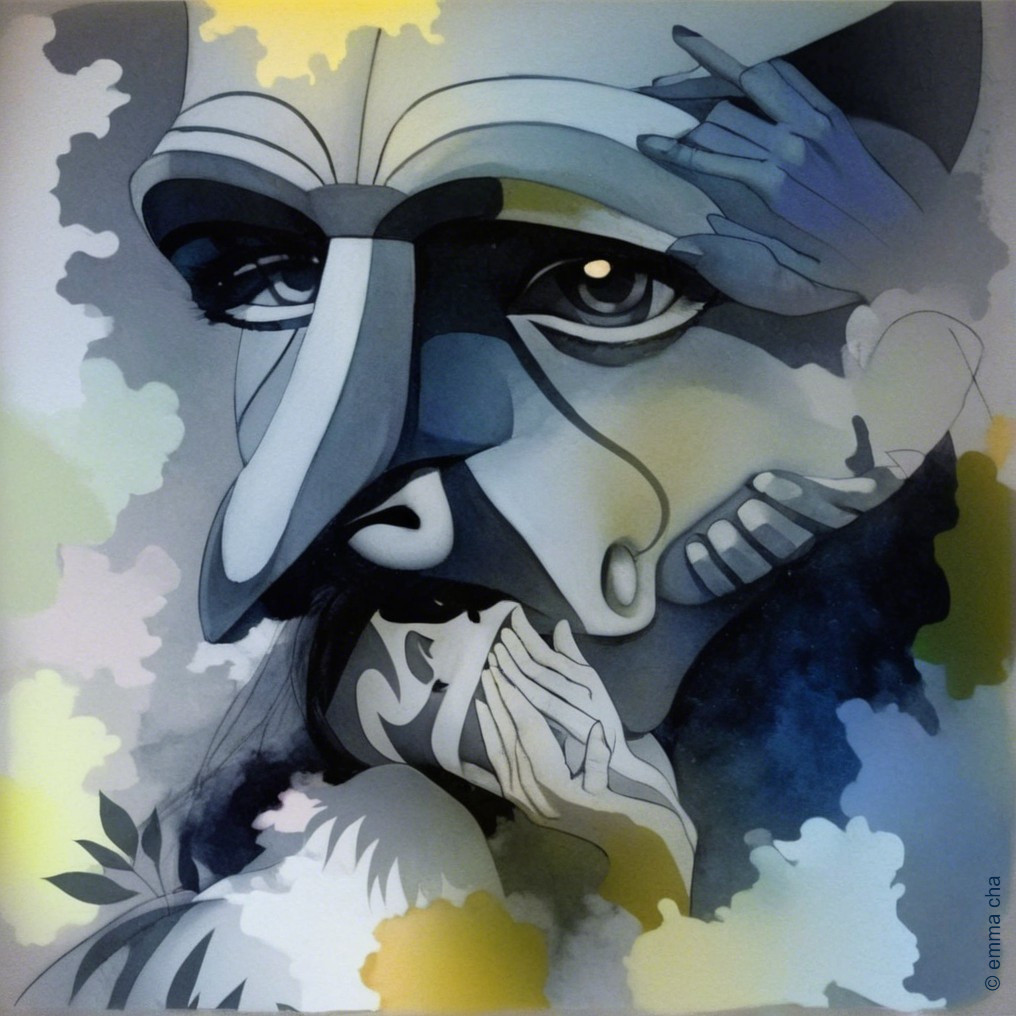 Abstract Artwork with Stylized Face and Hands