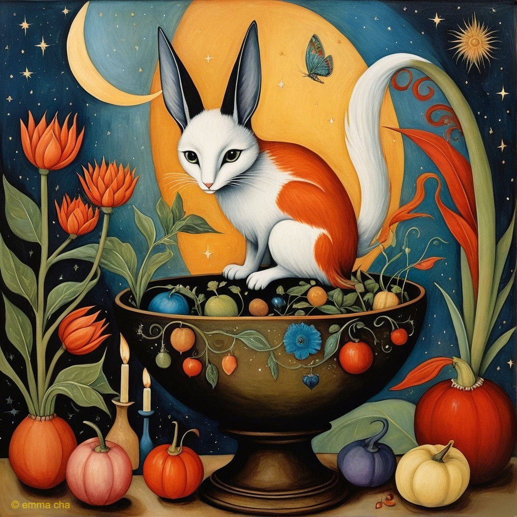 Whimsical Cat in Decorative Fruit Bowl Illustration