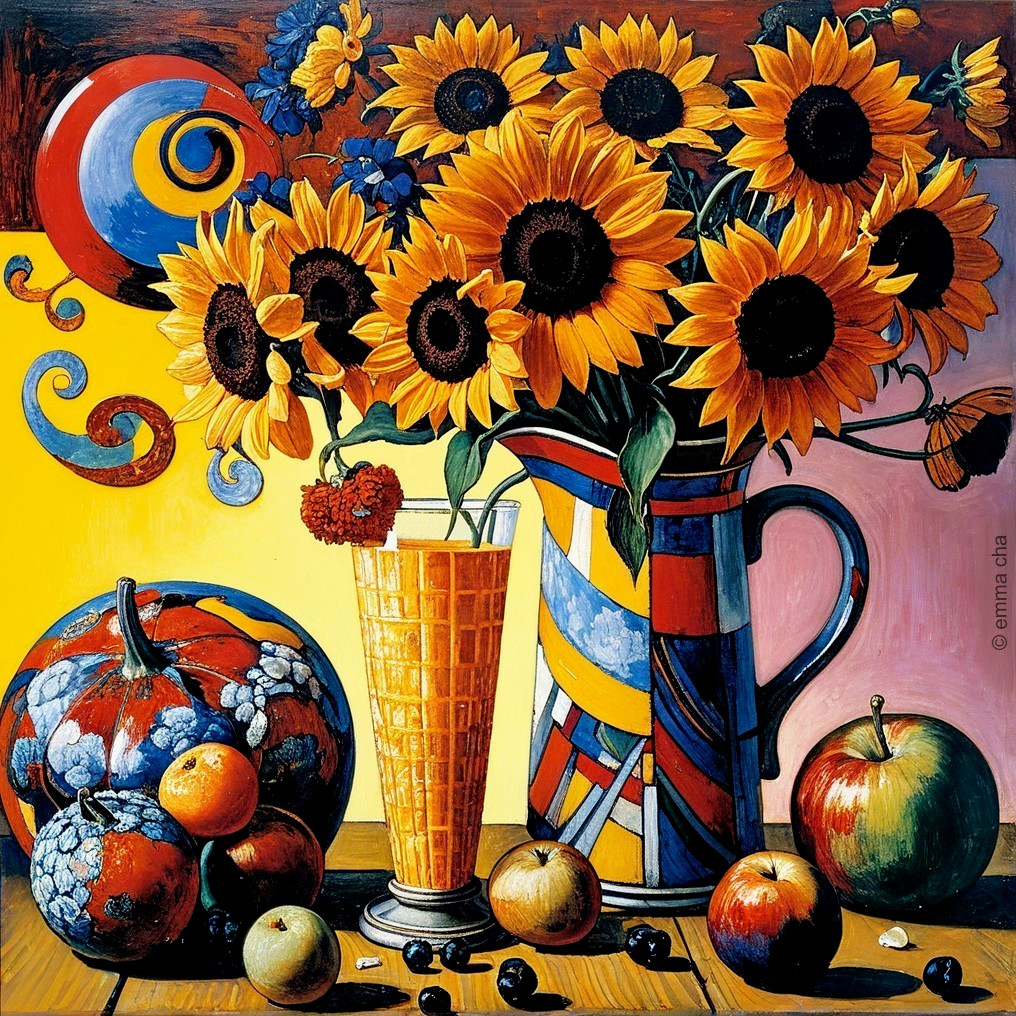 Vibrant Still Life with Sunflowers and Fruits