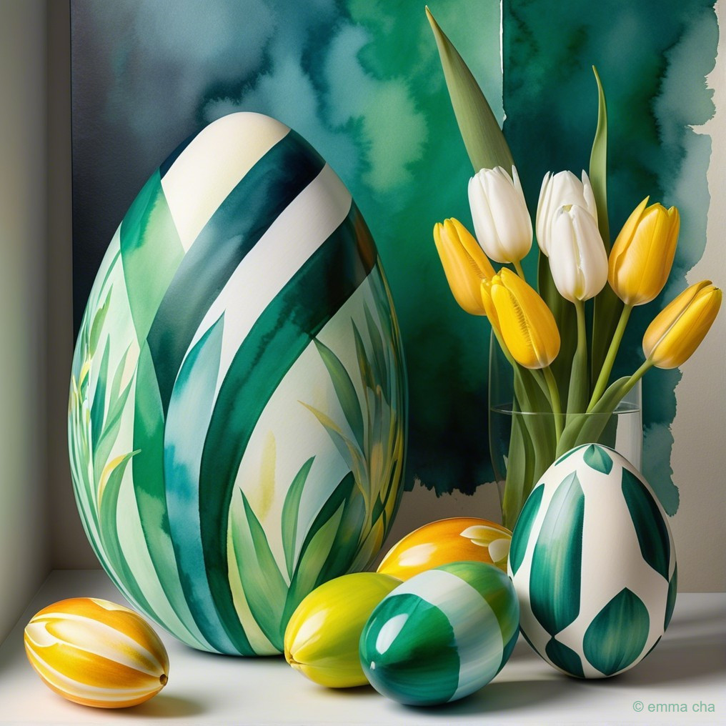 Easter Egg Display with Floral Patterns and Tulips
