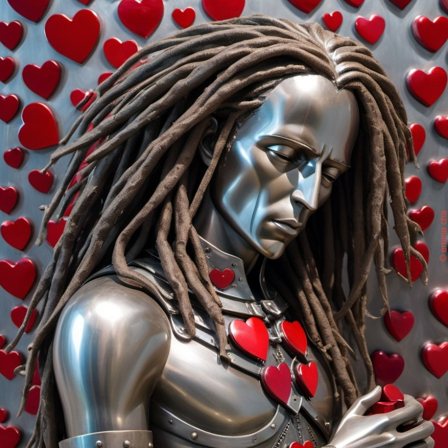 Metallic Humanoid Figure with Heart Motifs and Dreadlocks
