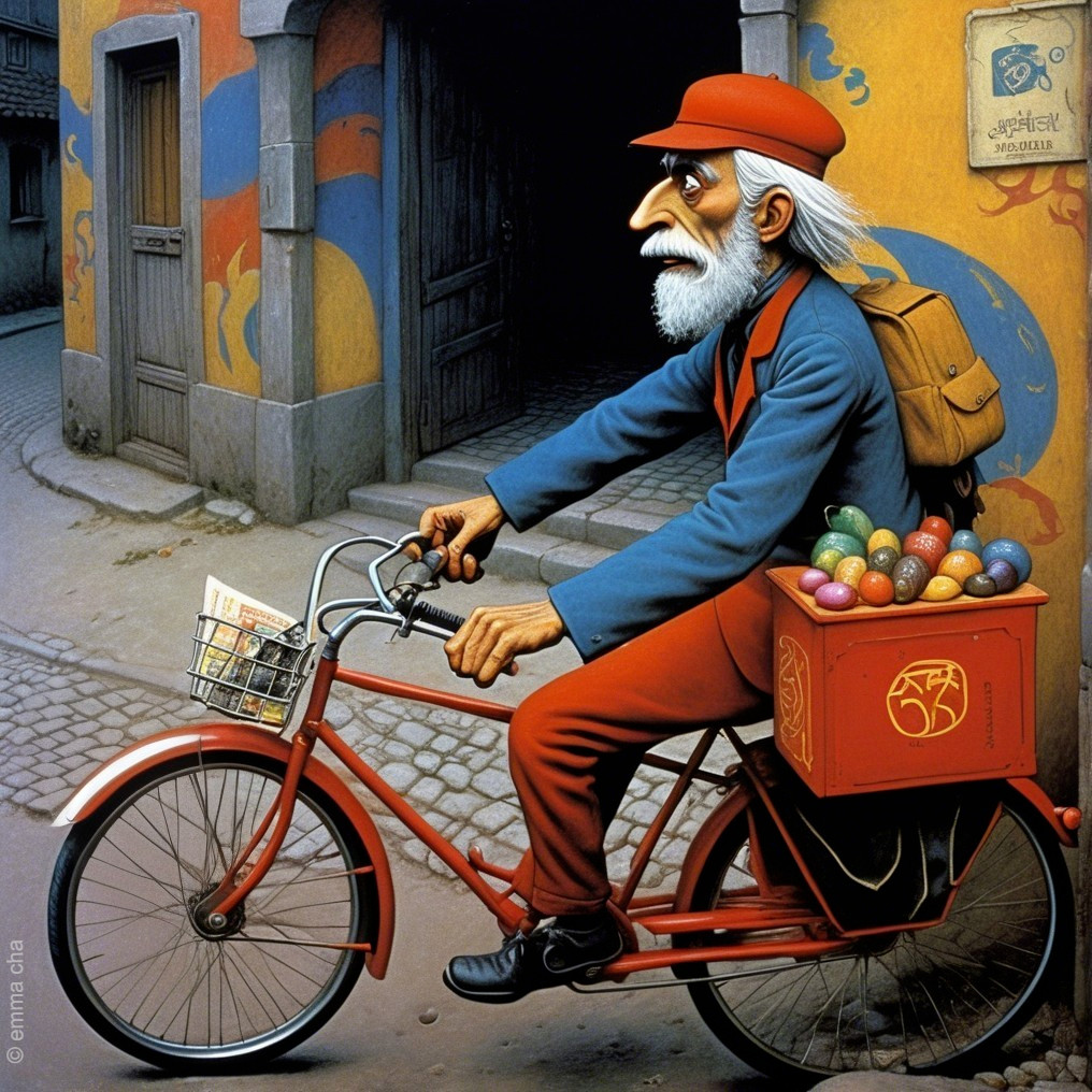 Elderly man on red bicycle with colorful eggs and charm