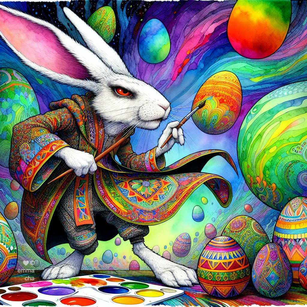 Whimsical Rabbit Painting Colorful Easter Eggs