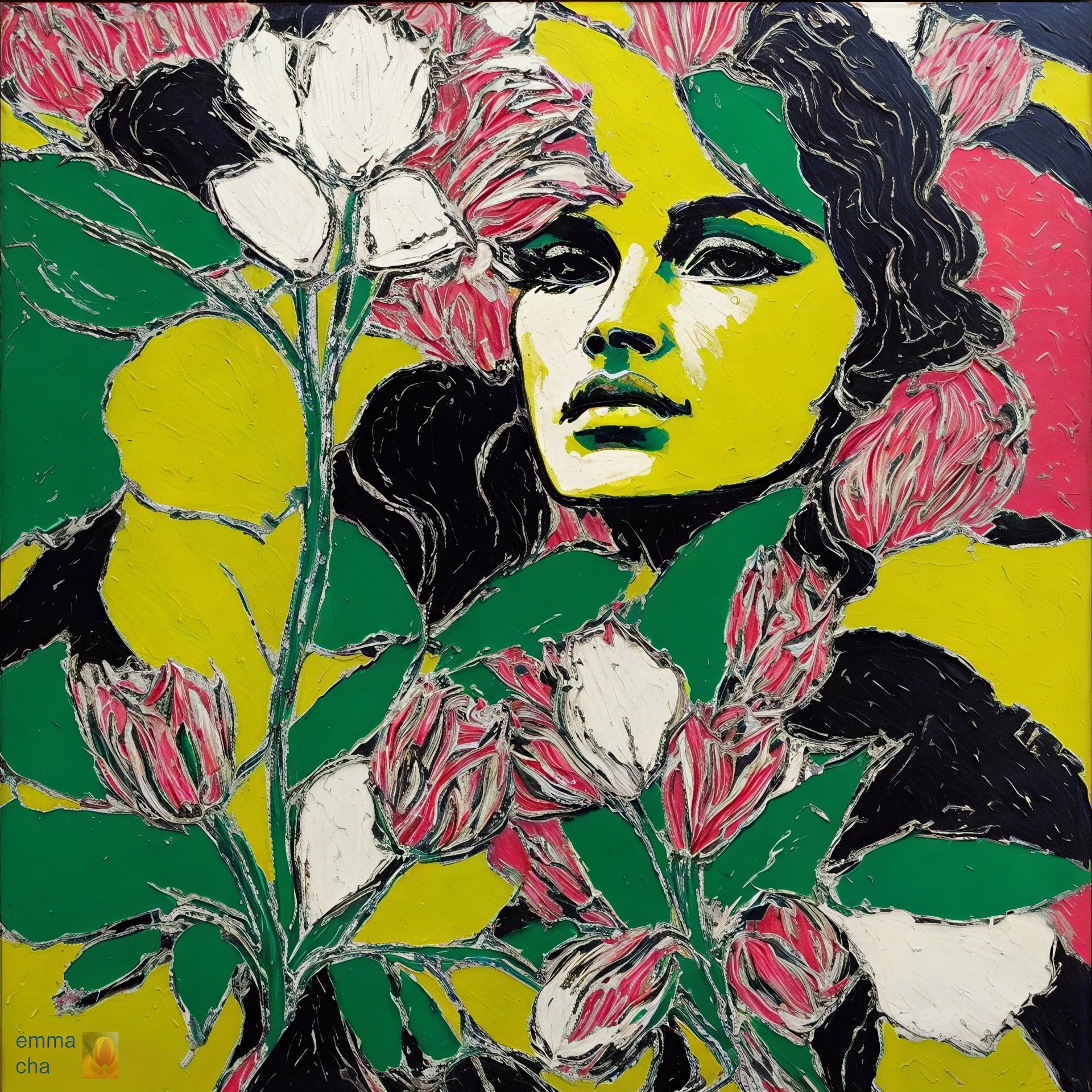 Portrait of a Woman with Floral Elements and Colors