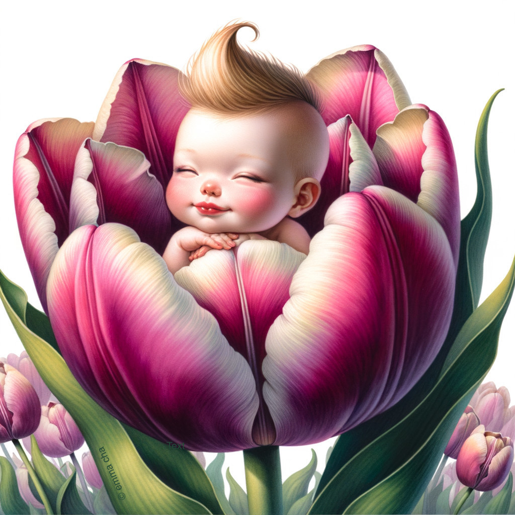 Whimsical Illustration of Baby in a Tulip Scene
