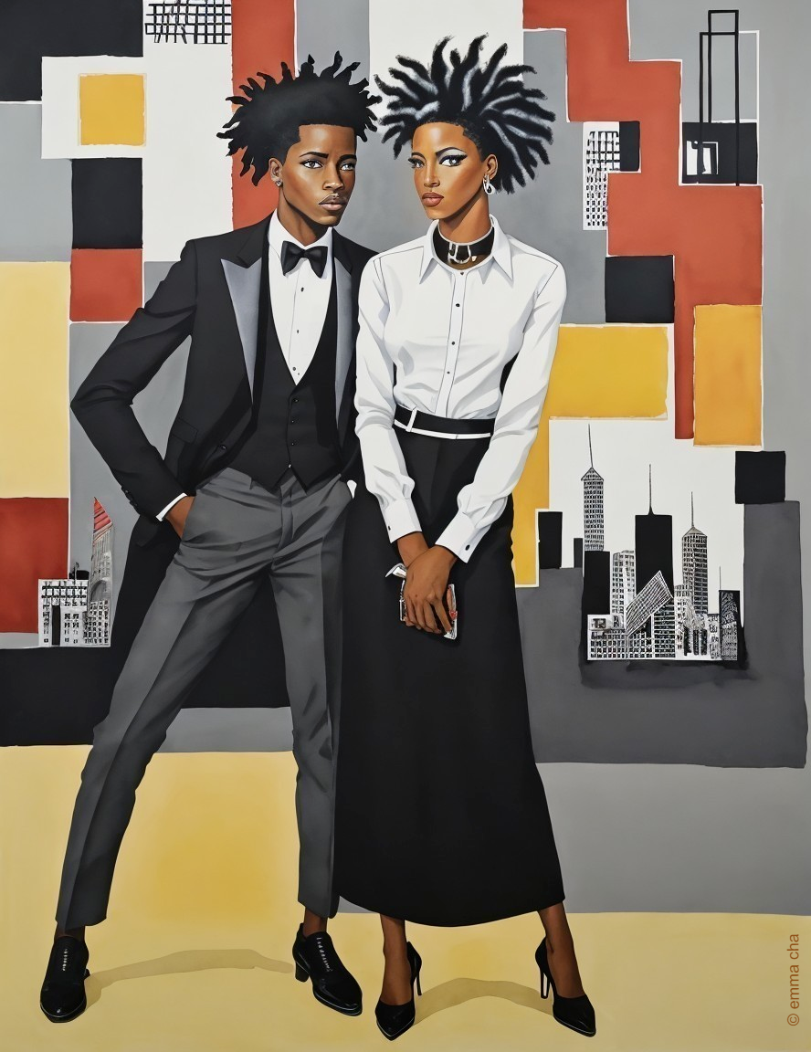 Stylish Couple in Front of Vibrant Geometric Backdrop